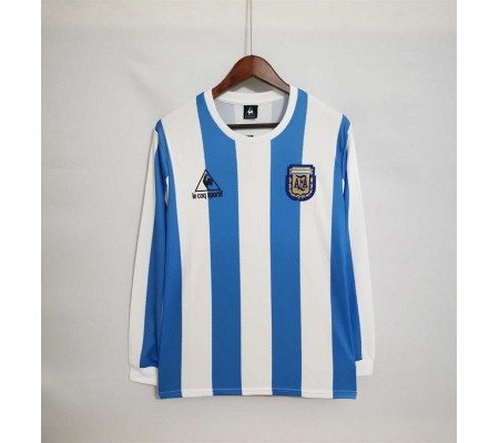 Argentina 1986 World Cup Home White&Blue Long Sleeve Soccer Jersey